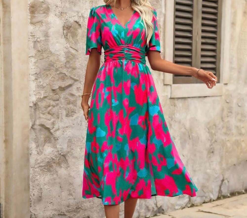 SHEIN LUNE Women's Pink And Green Overlapping V-Neck Ruffle Short Sleeve Waist P